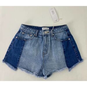 TOBI High Rise Two-Tone Denim Jean Shorts Fringe Shortie High Waist - Si…